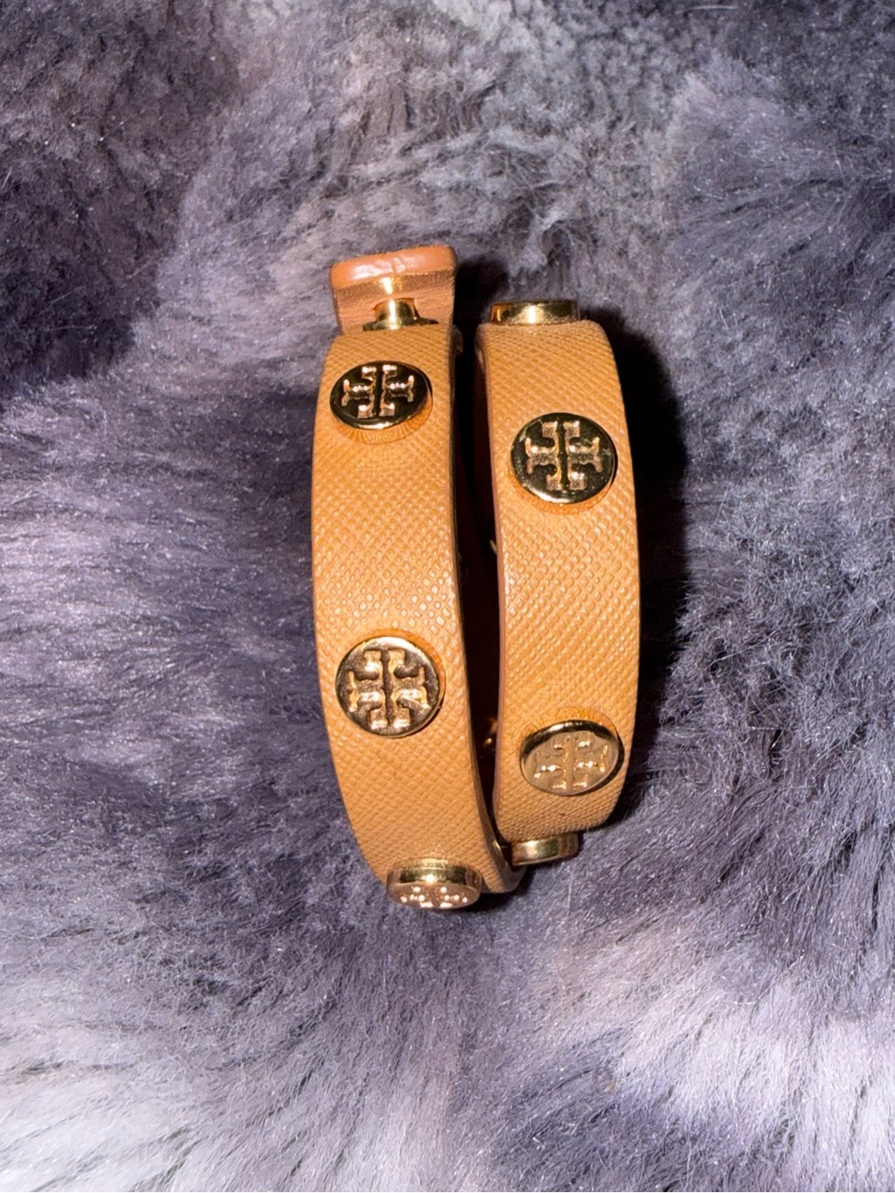 Tory Burch Camel Leather Double Wrap Bracelet with Gold Logos